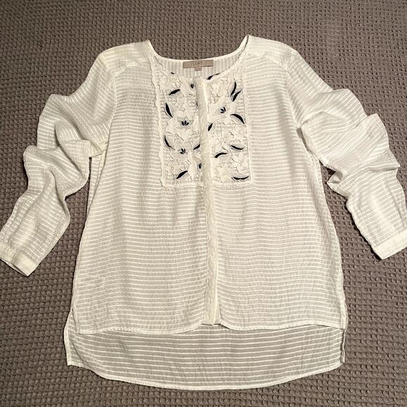 LOFT Tops - Loft White Embroidered Long Sleeve Blouse Womens Medium